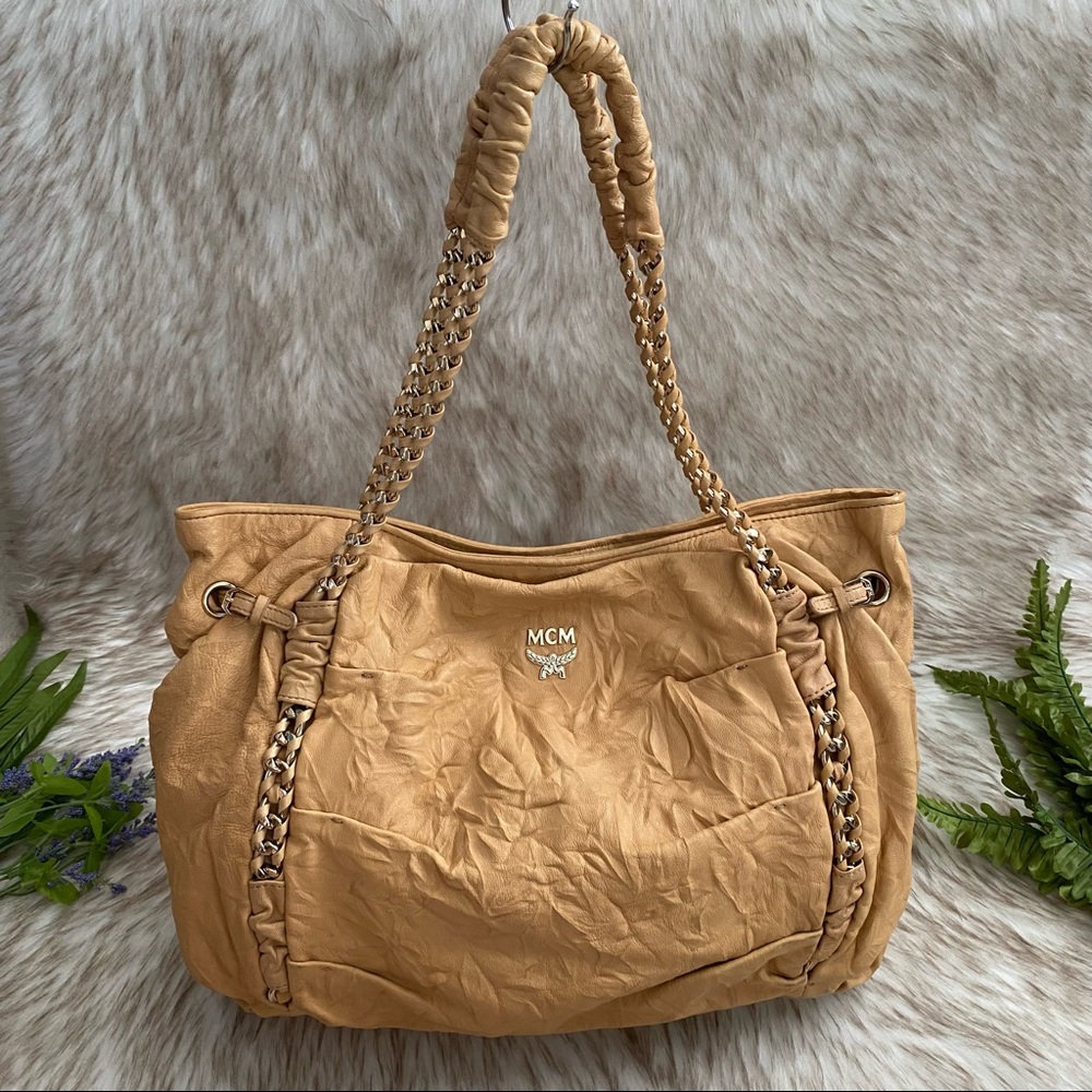 MCM Distressed Gold Chain Leather Tote